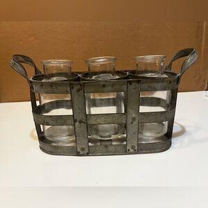 Farmhouse Decor, set of three clear Glass Vases in metal holder, 11" Long